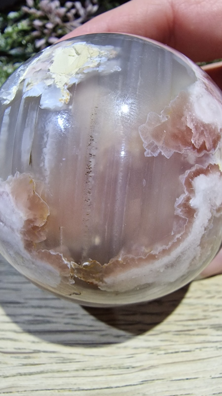 Flower Agate Crystal Sphere 537g 73mm UV Reactive Free Stand