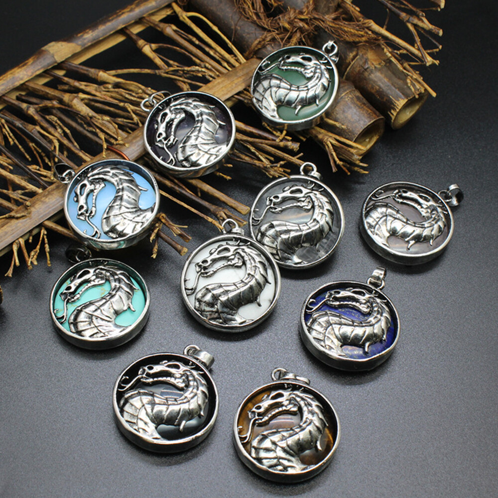 Natural Round Crystal Chinese Dragon Pendant Stone Jewelry Healing Reiki Gift
