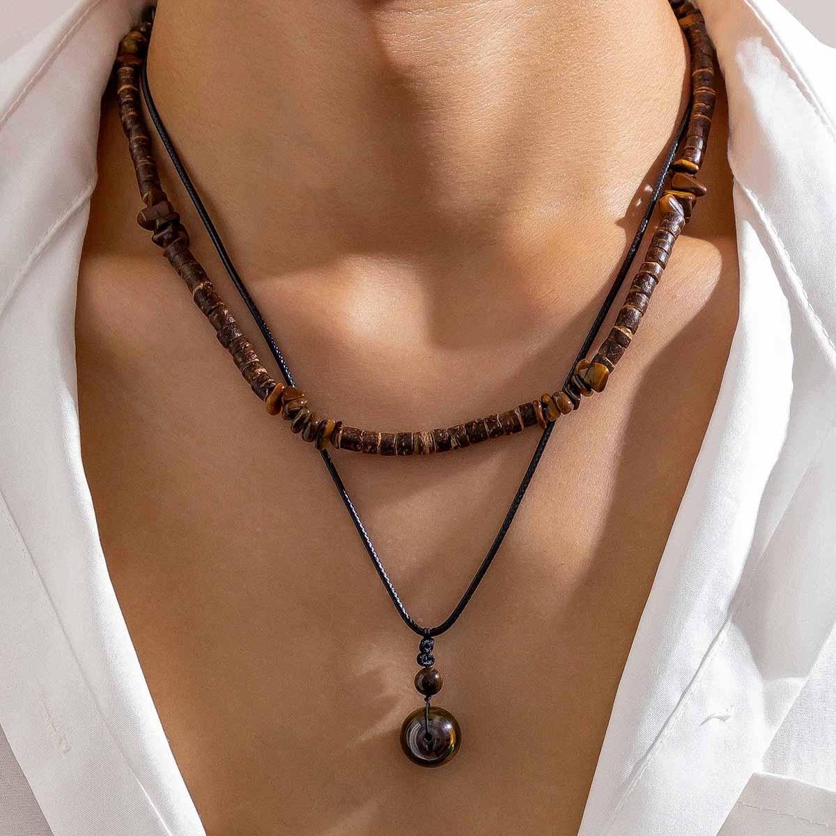 Kunjoe Couple Necklace Set Natural Stone Pendant Wax Thread Choker