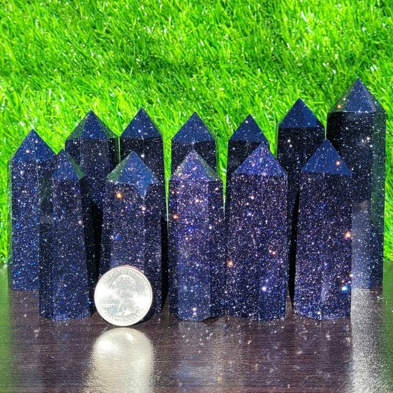 Blue Goldstone Natural Crystal Wand Obelisk Reiki Tower Point Home Car Ornament