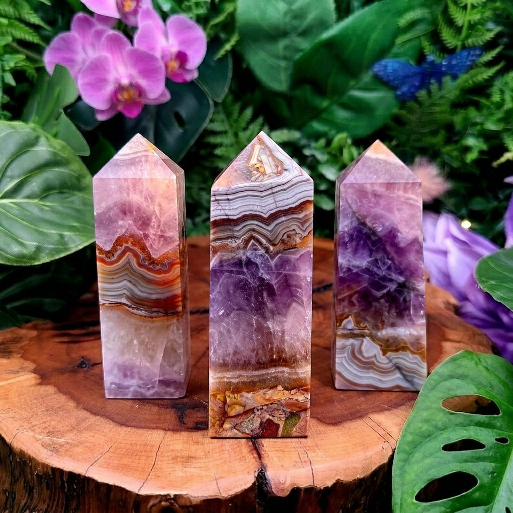 Natural Amethyst Lace Agate Crystal Tower Point Healing Stone Obelisk Home Decor