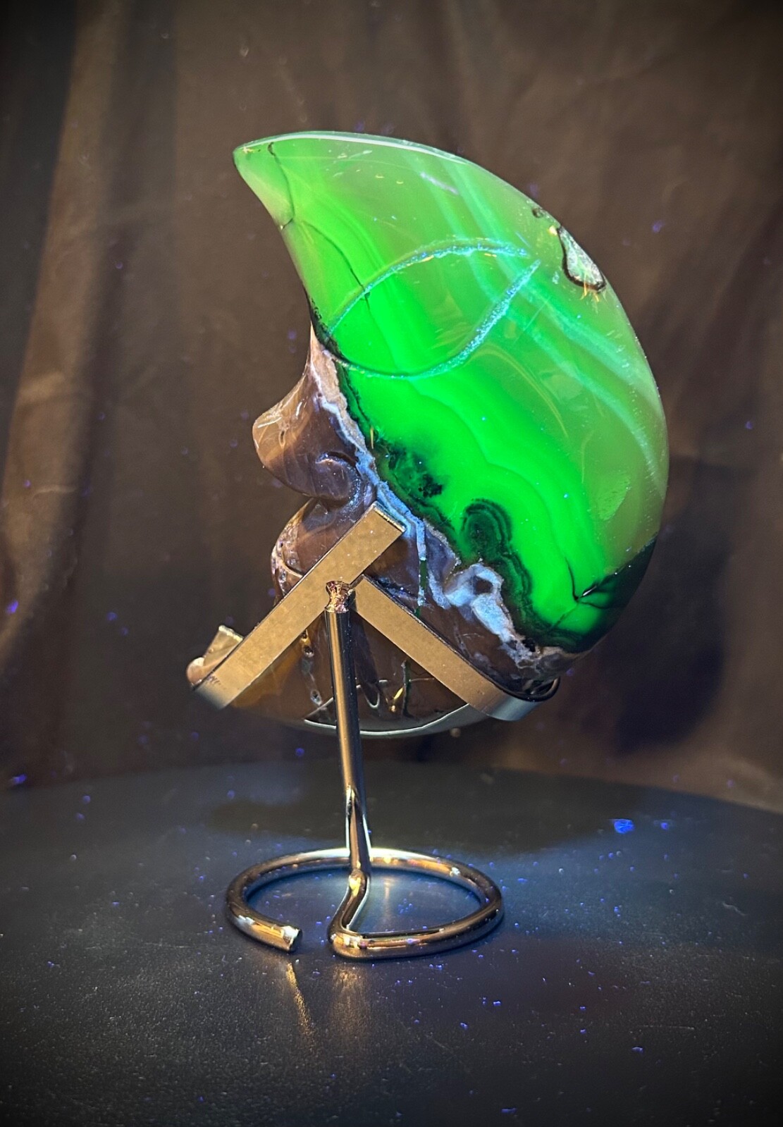 5.25″ Volcano Agate Moon With Custom Metal Stand 1lb 1 oz UV Reactive