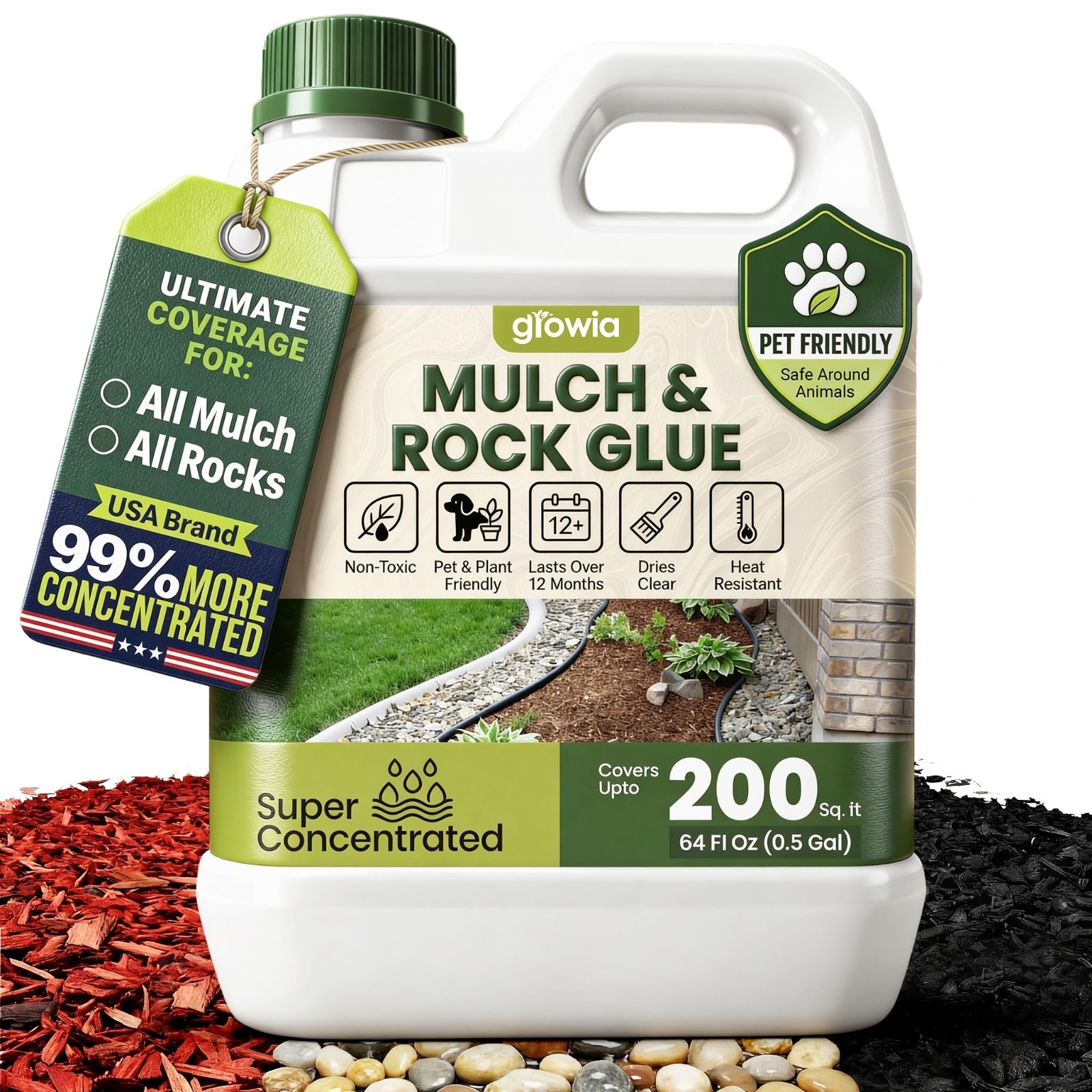 Fast-Drying Mulch & Rock Glue – 0.5 Gallon for Landscaping, Covers 200 sqft, Non