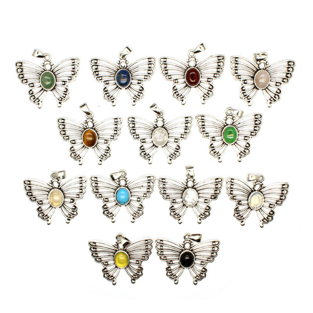 Hollow Out Butterfly Pendant Oval Beads Natural Crystal Gemstone Healing Quartz
