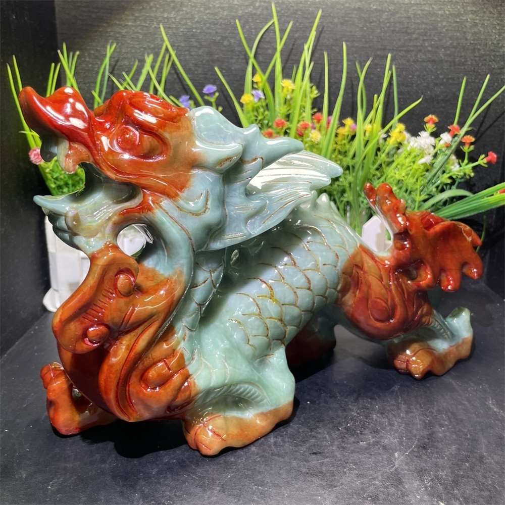7.4LB 11″ Natural Xiuyan Jade Dragon Decor Crystal Healing Energy Carving Statue