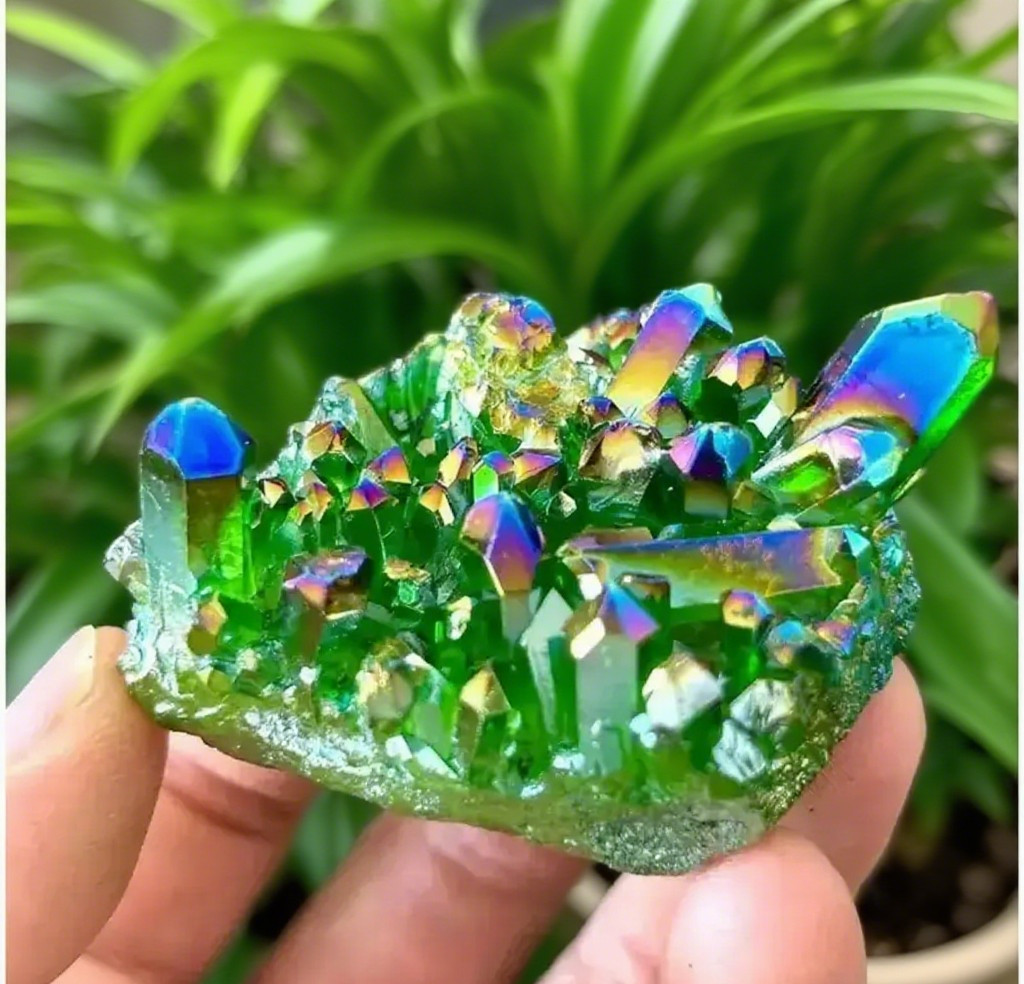 80-100g Titanium Aura Green Healing Crystal Quartz Cluster Geode Home Decor