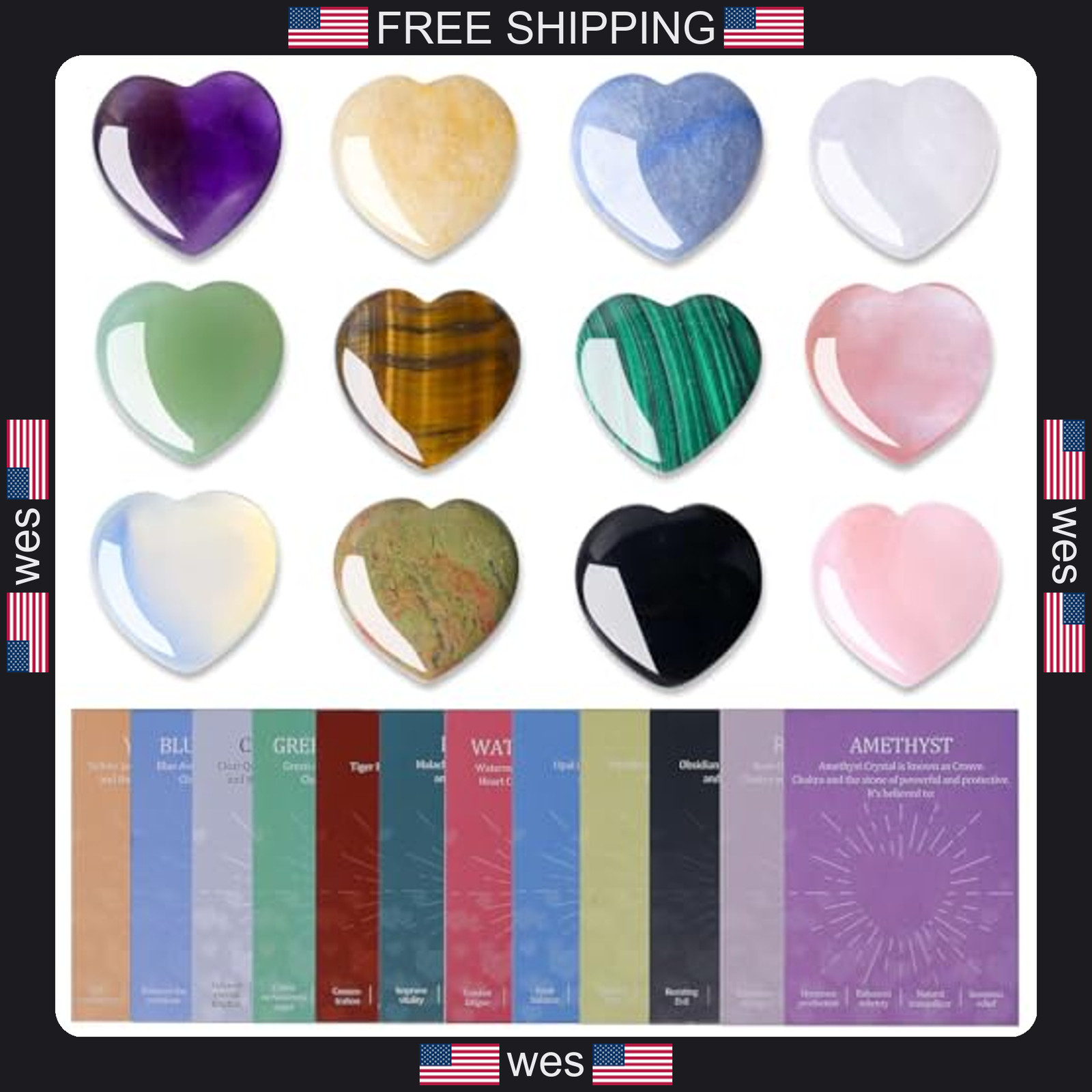 12 Piece Heart Crystal Stone Set – Polished Gemstones for Reiki and Meditation