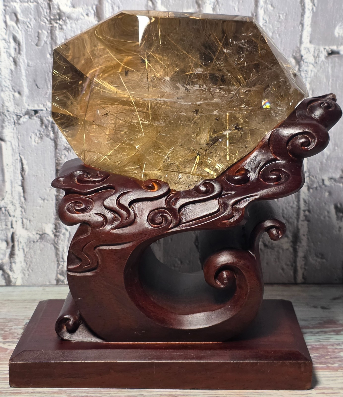 Museum Grade Golden Rutilated Quartz Freeform Rainbow Crystal w/ Carved Stand