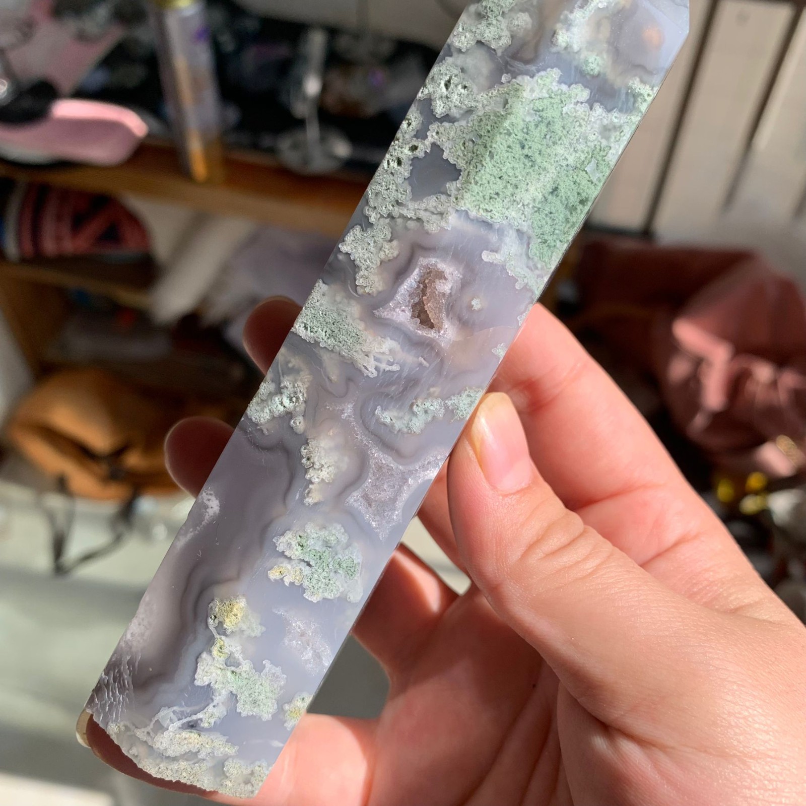 290g Moss Agate Obelisk Tower Crystal Energy Stone Healing Spiritual Decor