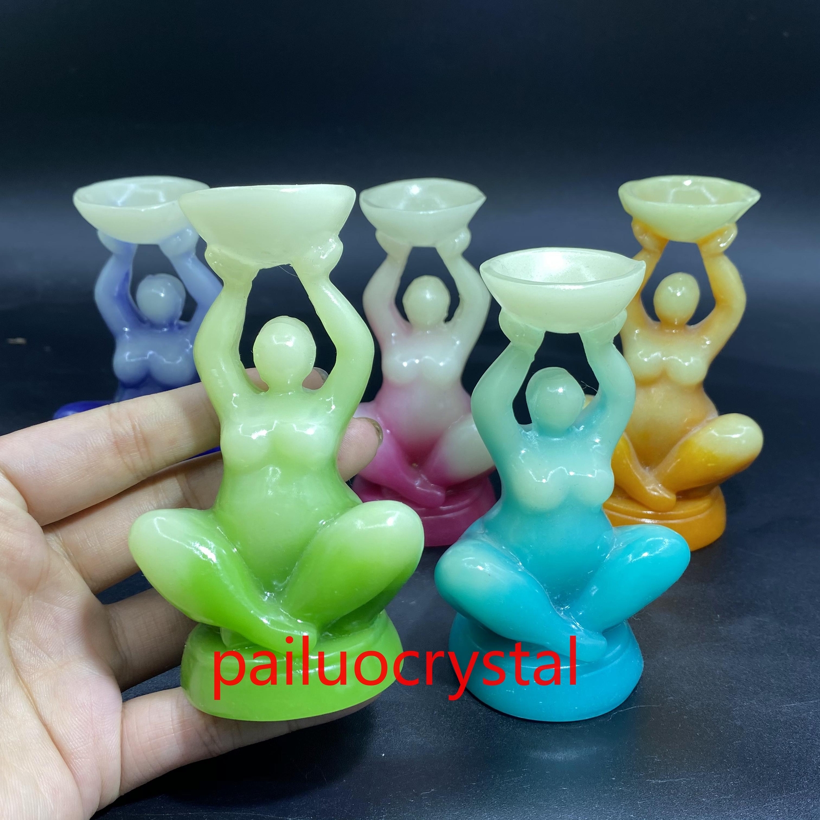 4″ Green Luminous Stone +resin Women Quartz Crystal Skull Goddess Base 1pc