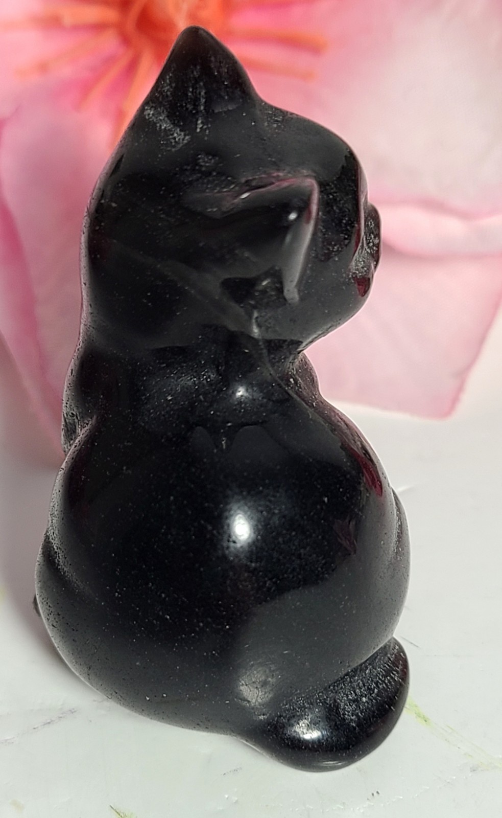 2″ 54g Adorable Silver Sheen Obsidian Sitting Cat Crystal Stone Carving Statue