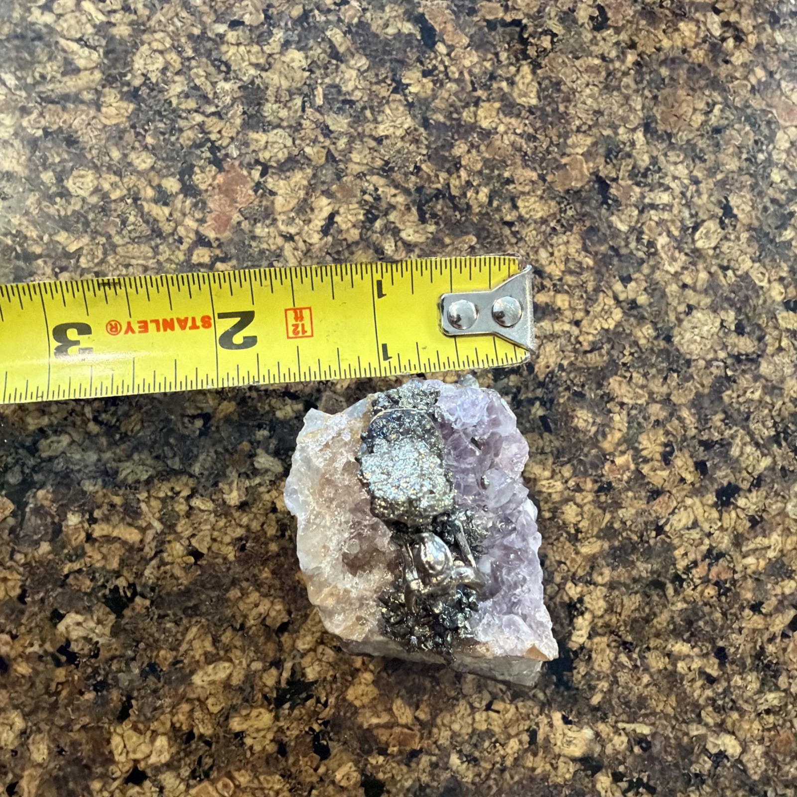 Pewter Gold Miner mining On Amethyst Cluster Prospector Pyrite 2.5”x2.5”x1.5”