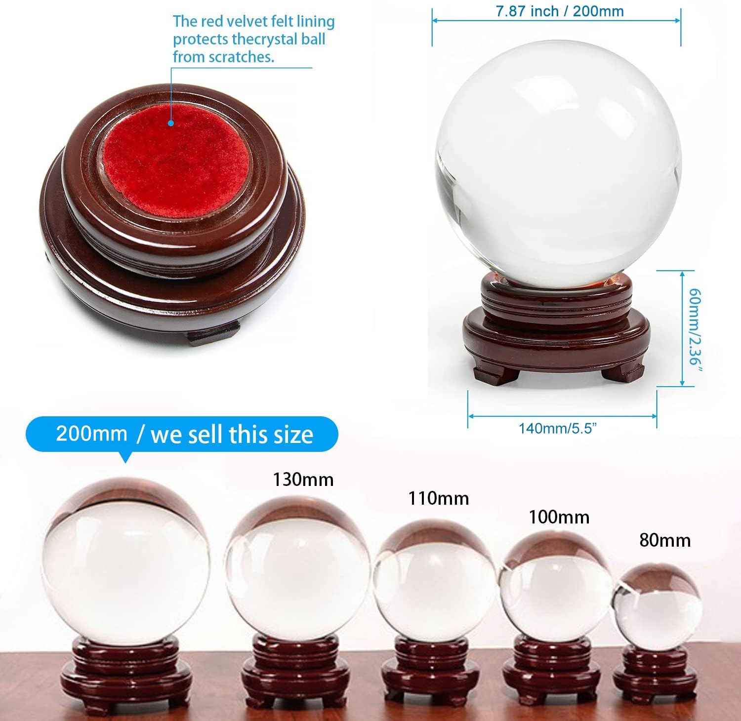 150mm/200mm Clear Crystal Ball Divination Meditation Glass Sphere Photo Prop