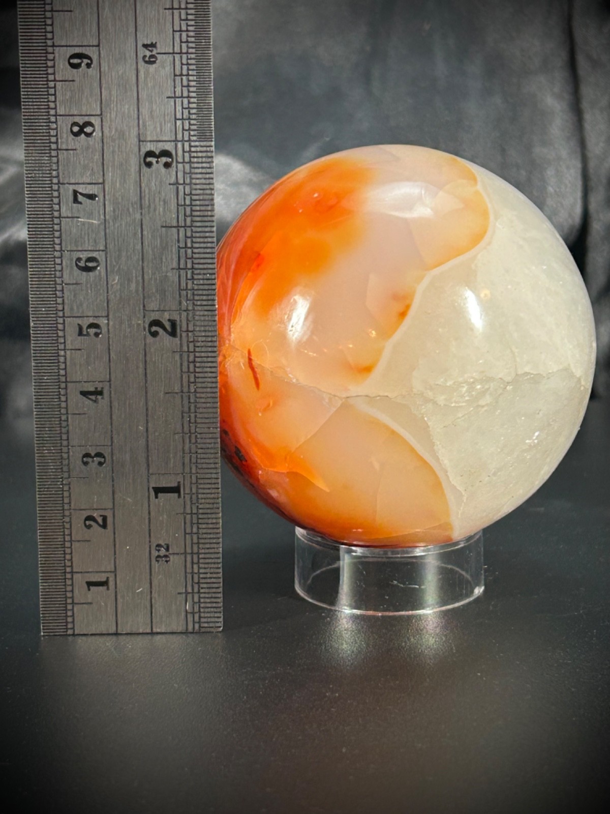 2.6″ Carnelian And Quartz Sphere With Acrylic Stand 14.3oz (405 grams)