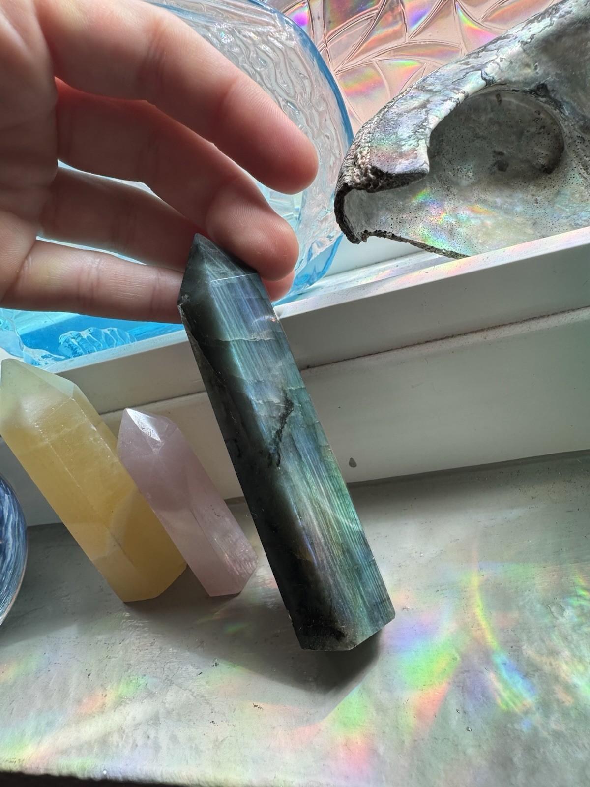 Labradorite Polished Generator Crystal Point Tower Iridescent Blue Green Colors