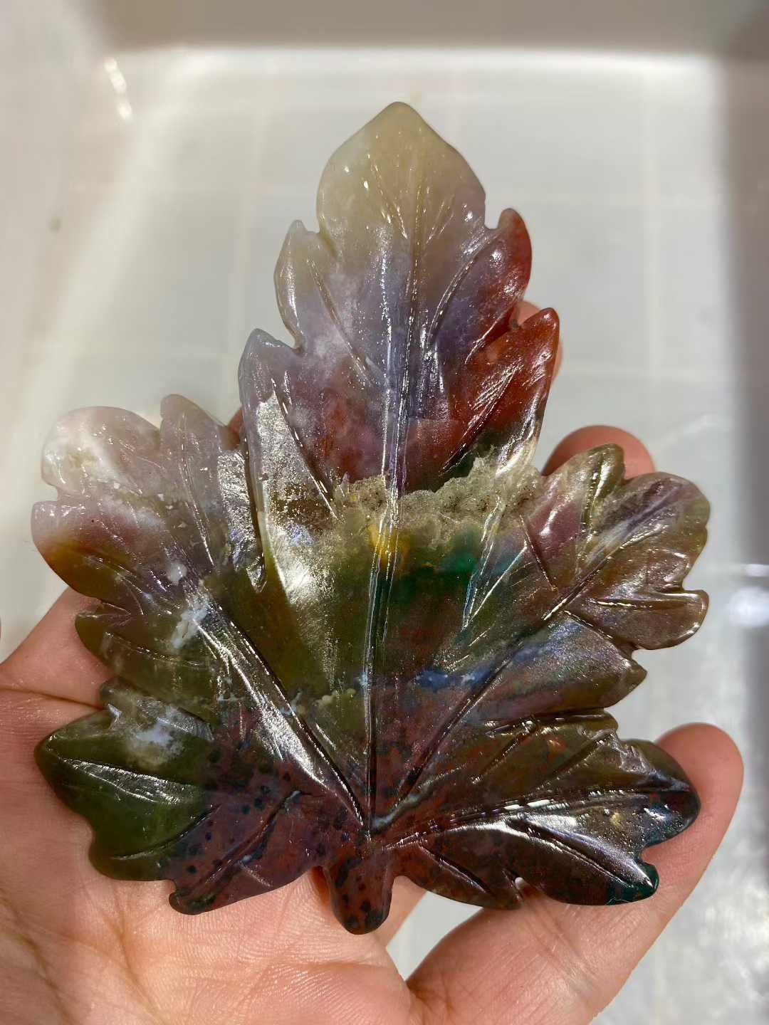 1pc Natural Ocean Jasper Quartz Carved Crystal Leaf Skull Reiki Healing Decor