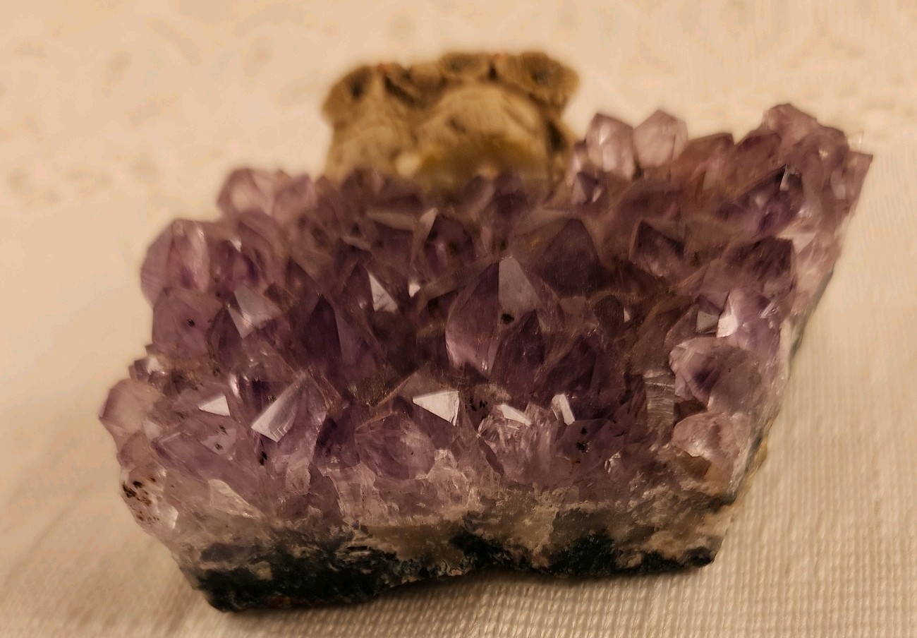 geode amethyst geode quartz cluster crystal with two resin owls perched 2.75in T