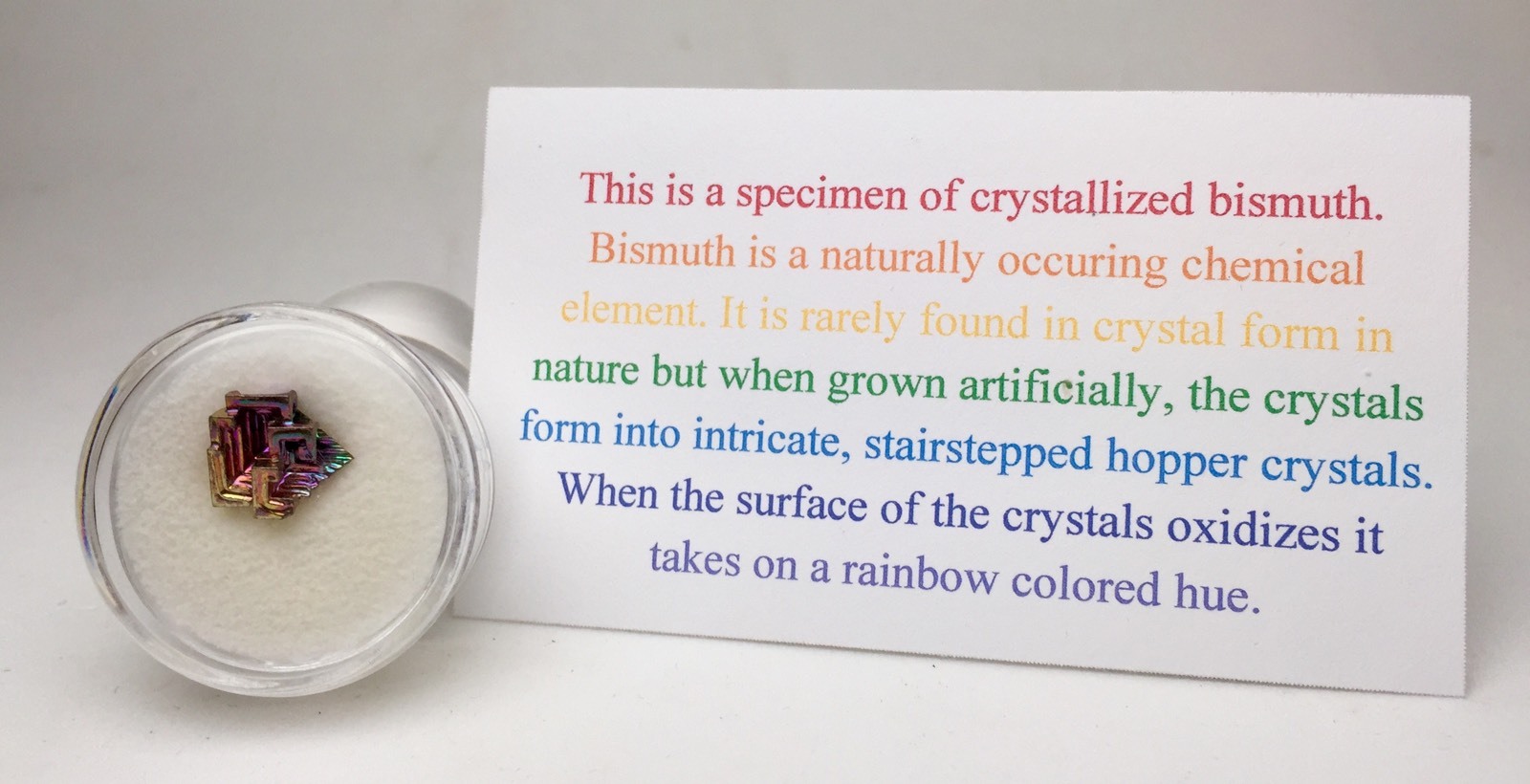 Iridescent Bismuth Specimen Rainbow Hopper Crystal Cluster Mineral w/ ID card