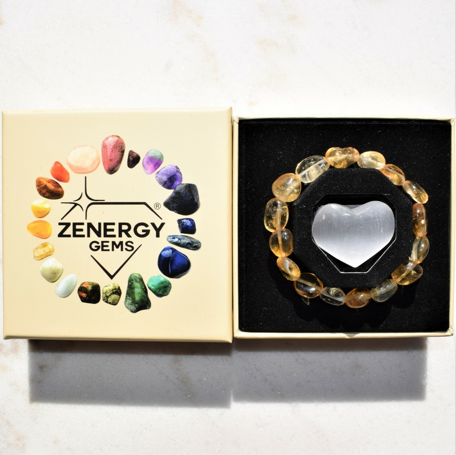 Premium CHARGED Citrine Crystal Nugget Stretchy Bracelet + Selenite Puffy Heart