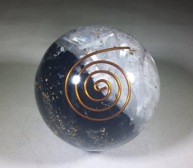 MEDIUM (40-50mm) BLACK TOURMALINE/SELENITE ORGONE GEMSTONE SPHERE ORGONITE