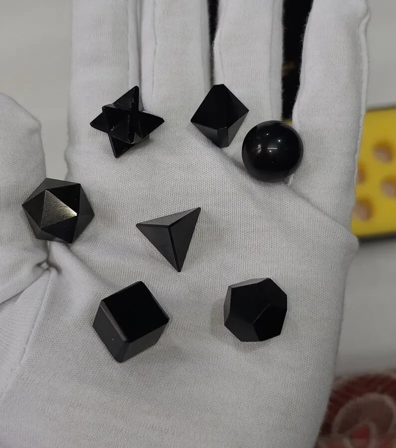 Natural Black Obsidian Platonic solids set 7 Pieces, With Premium Box.