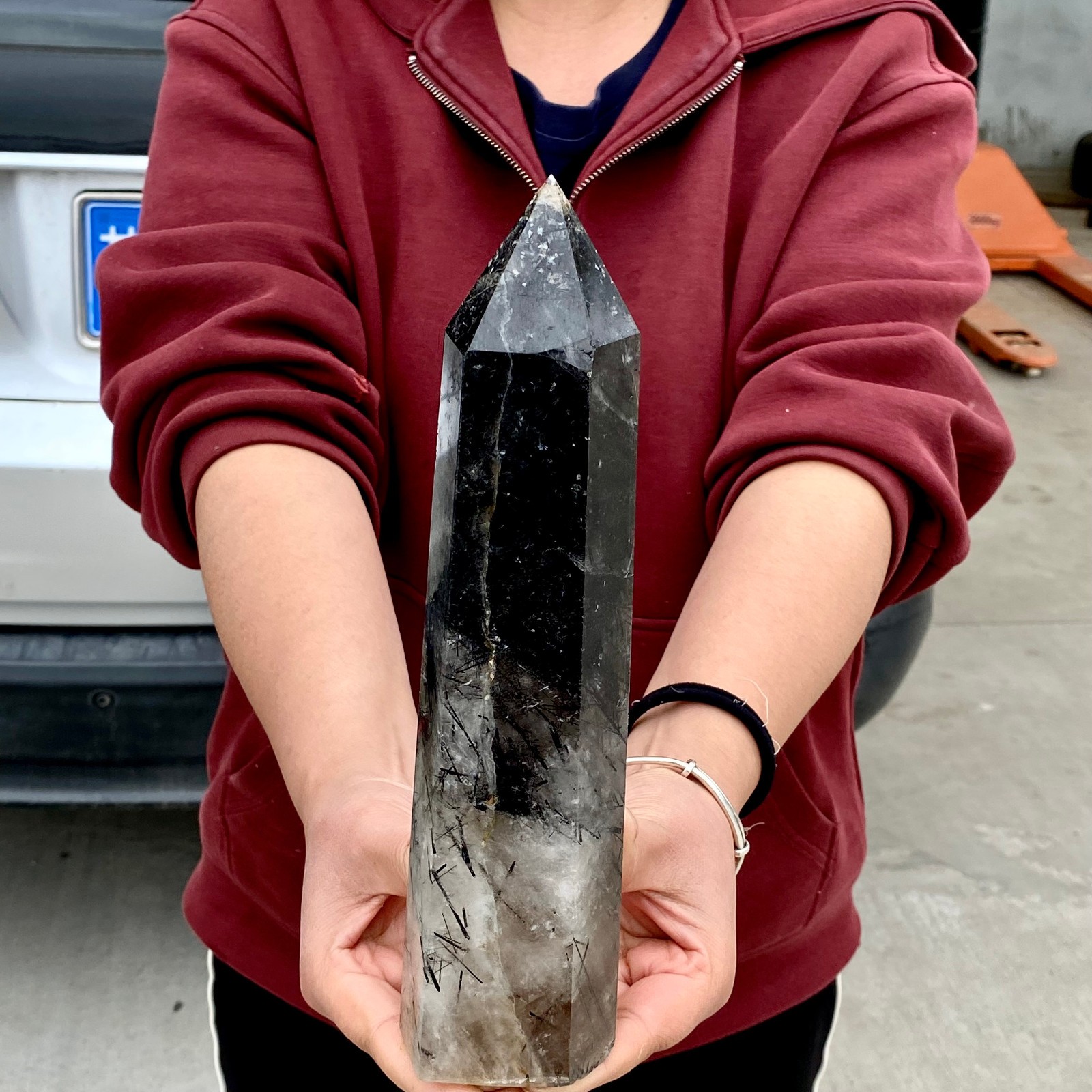 3.4LB Natural Black Hair Quartz Obelisk Crystal Energy Point Wand Reiki Decor