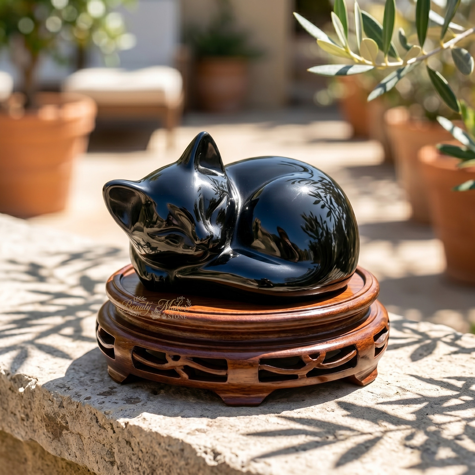 Black Stone Sleeping Cat Figurine Hand Carved Gemstone Animal Statue Decor Gift