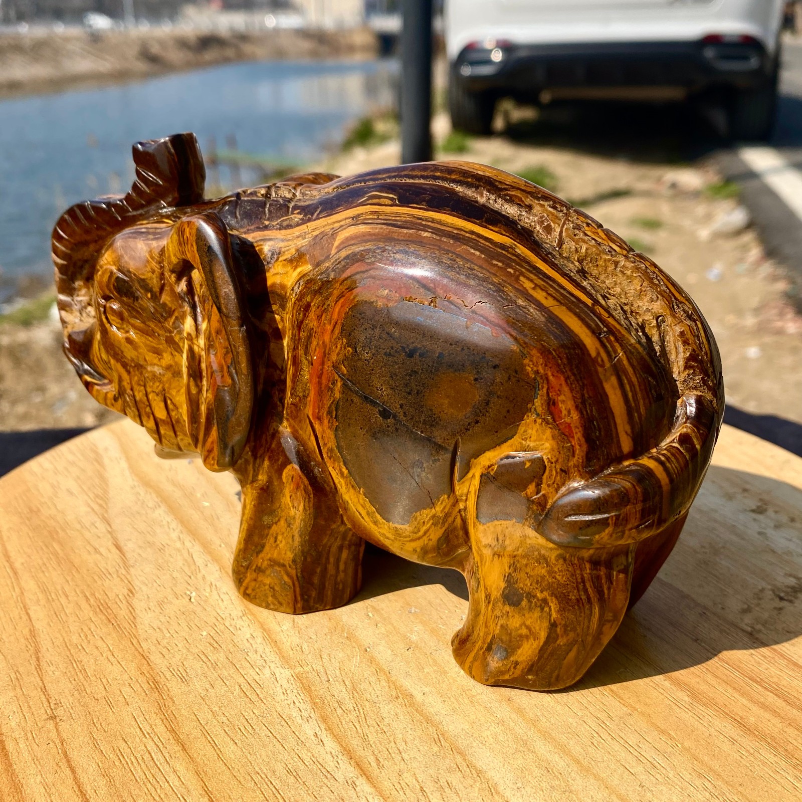 2.97LB Natural Tiger’s Eye Hand Carved Elephant Statue Reiki Healing Crystal