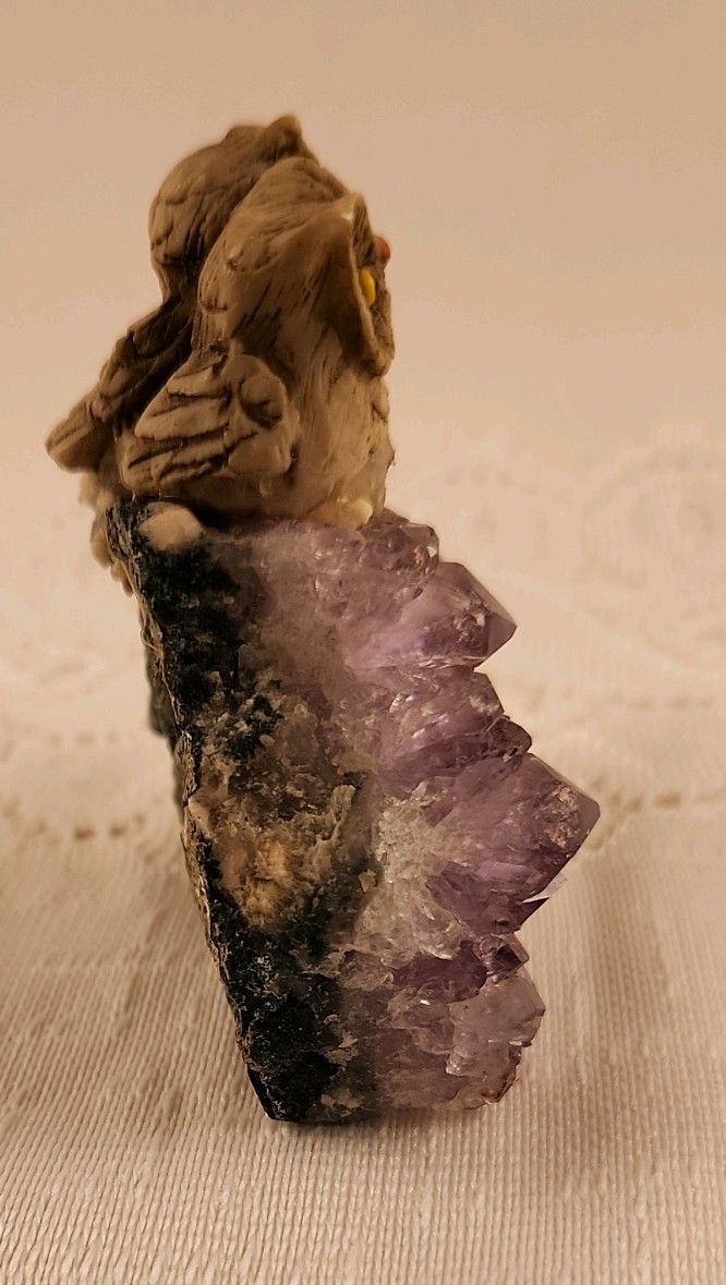 geode amethyst geode quartz cluster crystal with two resin owls perched 2.75in T