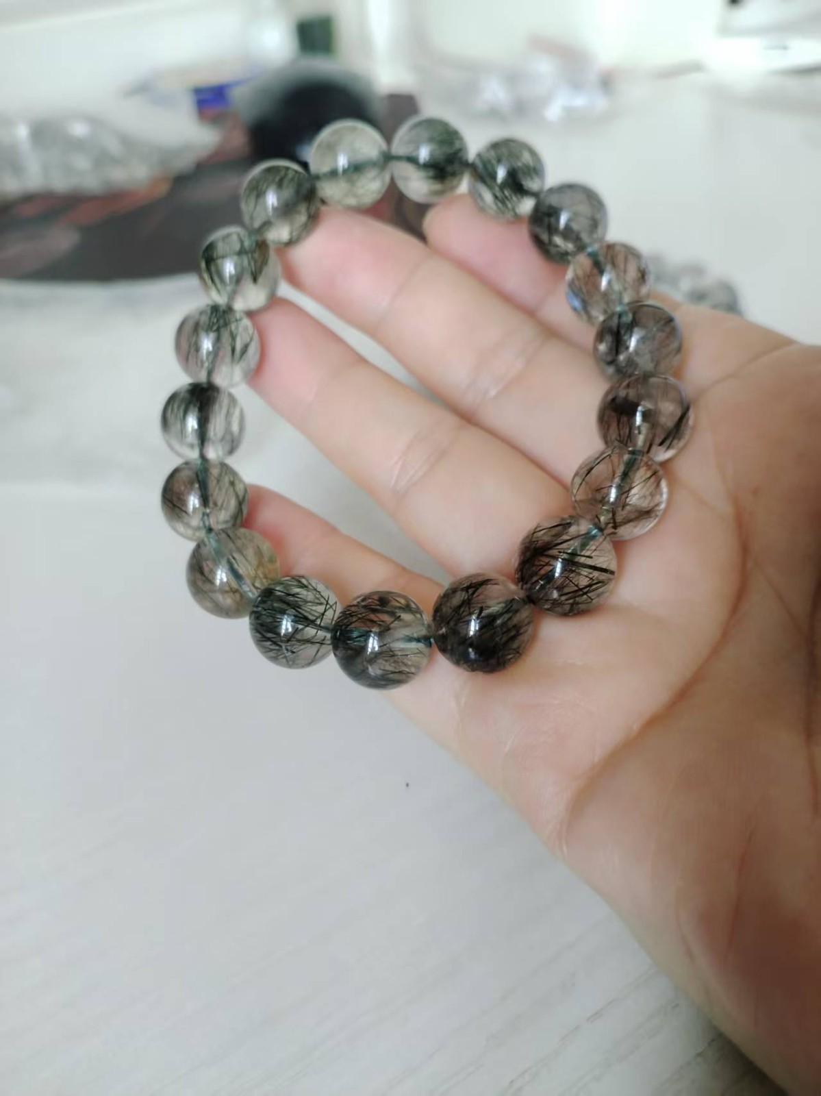 Natural rare Green Rutilated Quartz round Bracelet Adult Collectibles