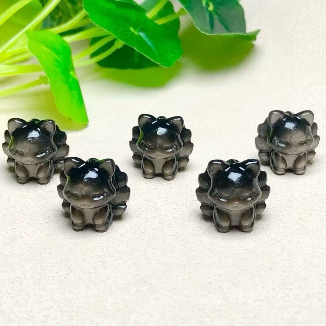17mm Natural Silver obsidian Nine-tailed fox quartz crystal Reiki healing 5pc