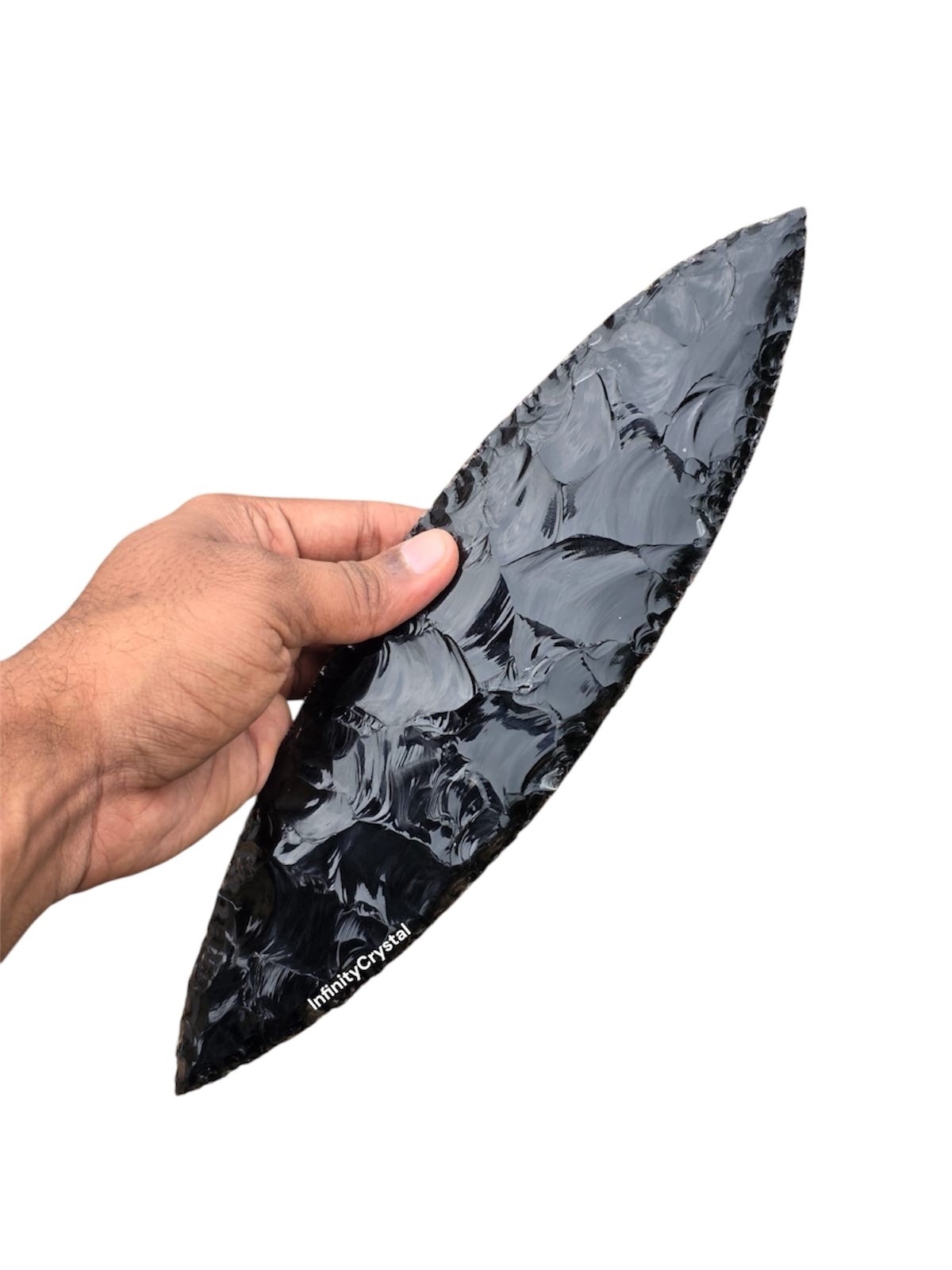 Large Black Obsidian Leaf Point Spearhead Handcrafted Arrowhead Display Piece.