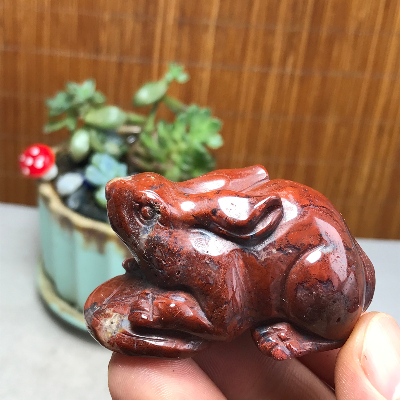 Natural bloodstone carve Rabbit & Copper Coin Figurine, Feng Shui Wealth Luck 82