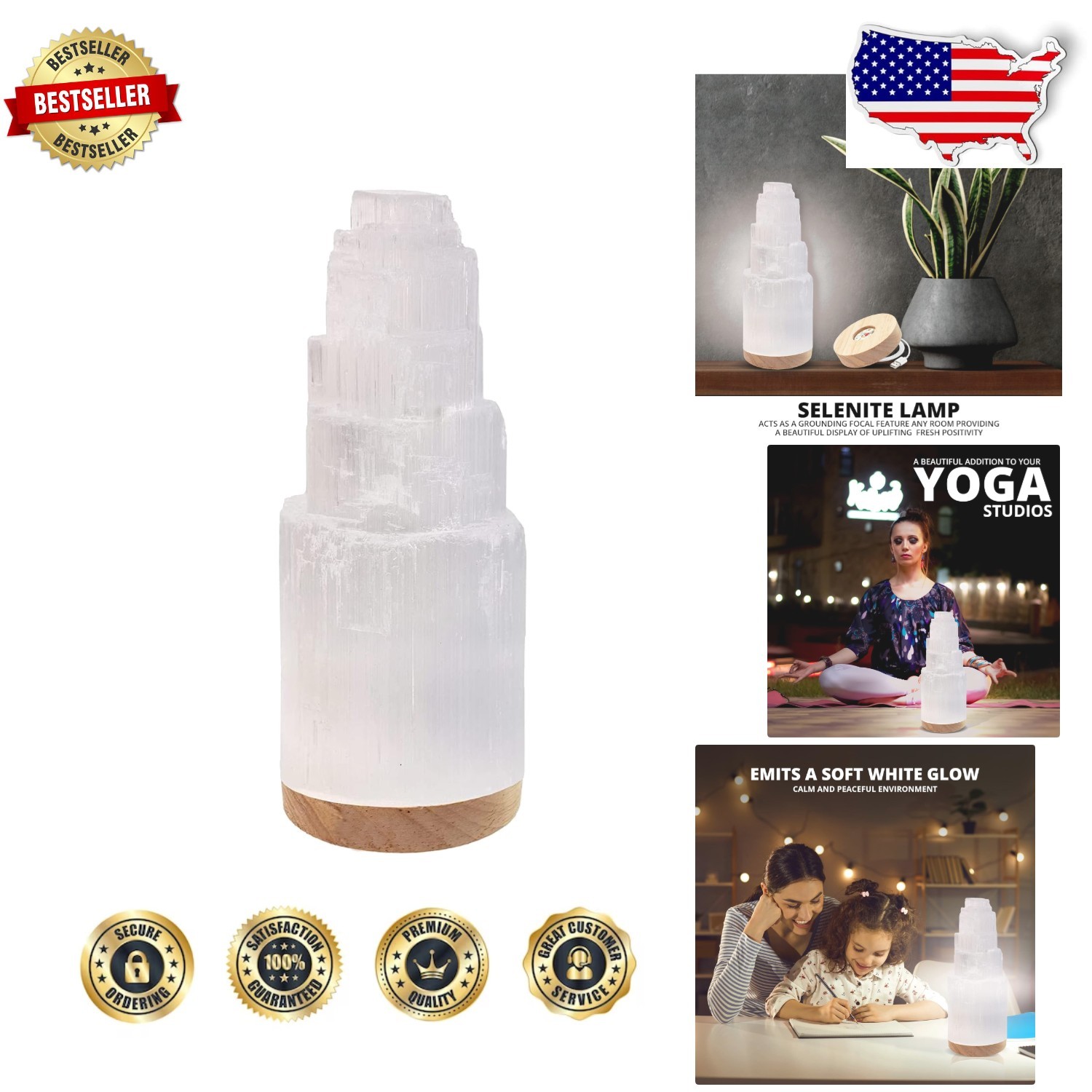 Selenite Crystal Lamp 25cm – Natural Moroccan Healing Stone | USB Powered Nig…