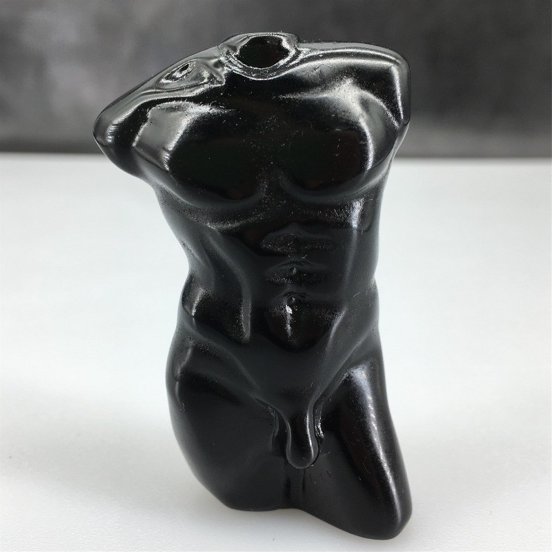 Natural Black Obsidian Male Torso Carving, Hand Carved Crystal Body Figurine