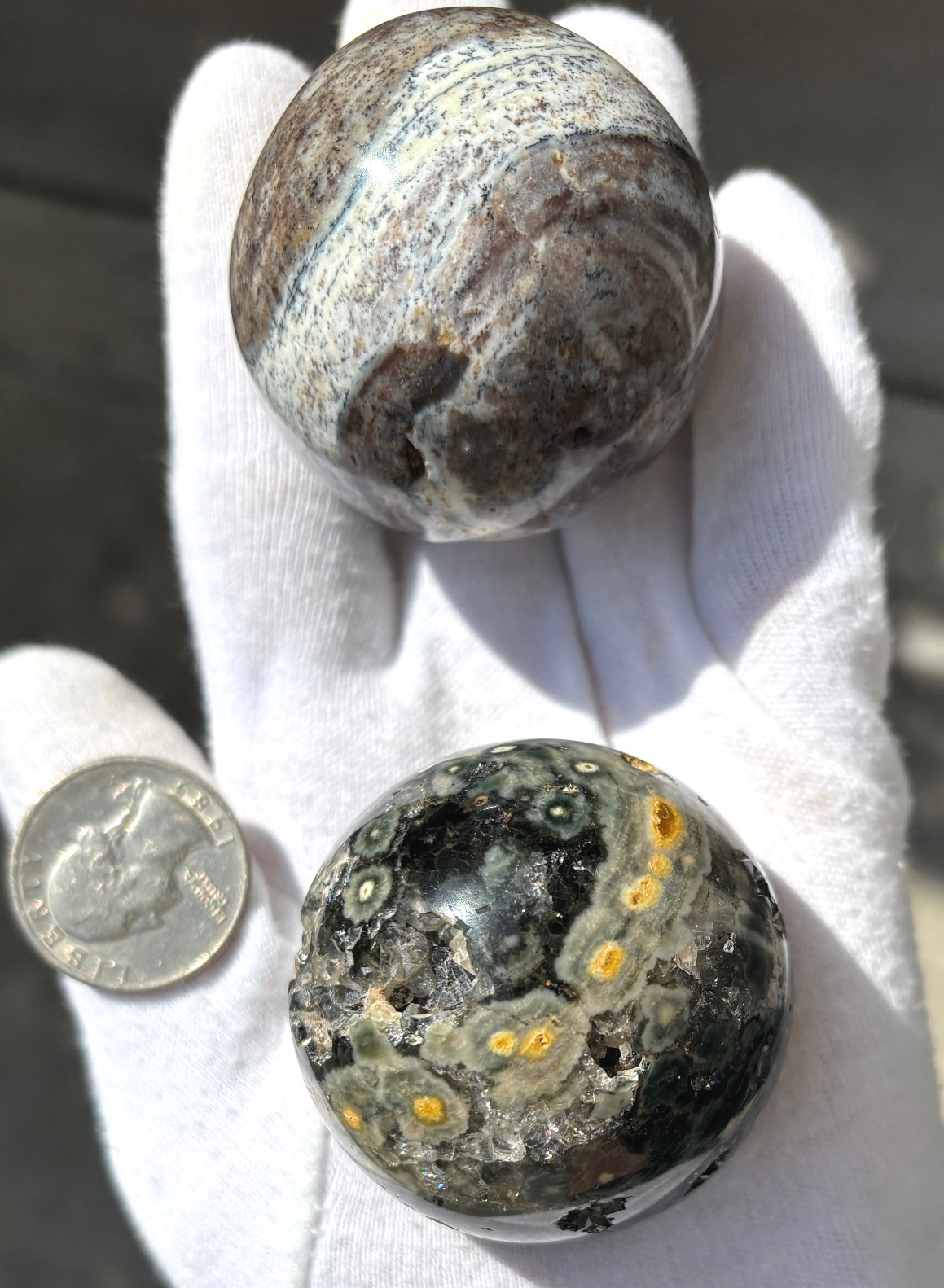 246g LOT 2 OJ OCEAN JASPER SPHERES SPARKLY DRUZY VUGS Kabamby SPHERE ORB ORBS