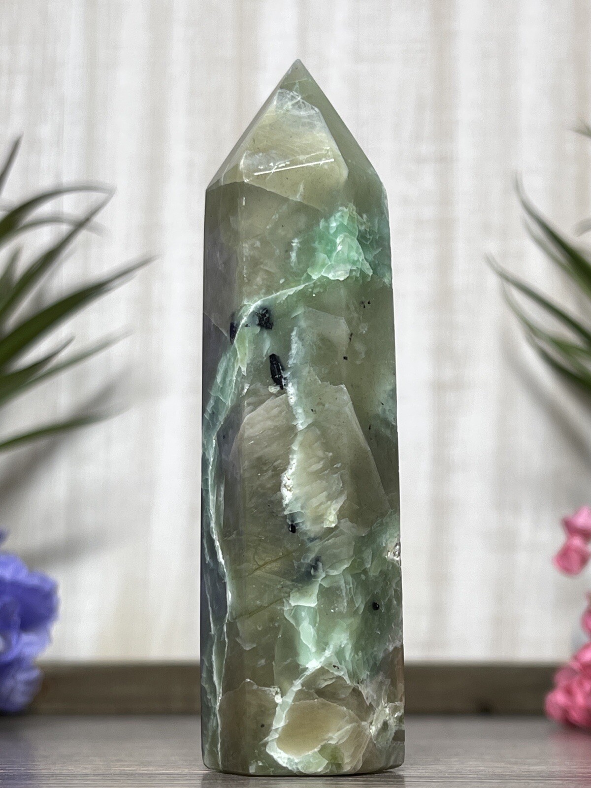 GREEN MOONSTONE TOWER – Blue Flash Garnierite Crystal Mineral Point Witch Wiccan