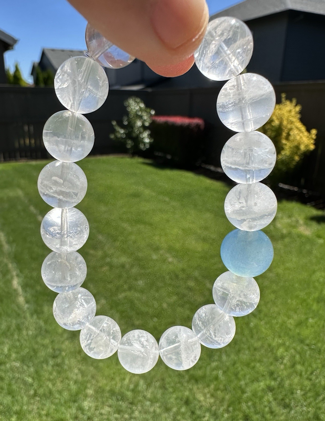 11mm+ White Phantom Quartz W/ Aquamarine Bead Bracelet