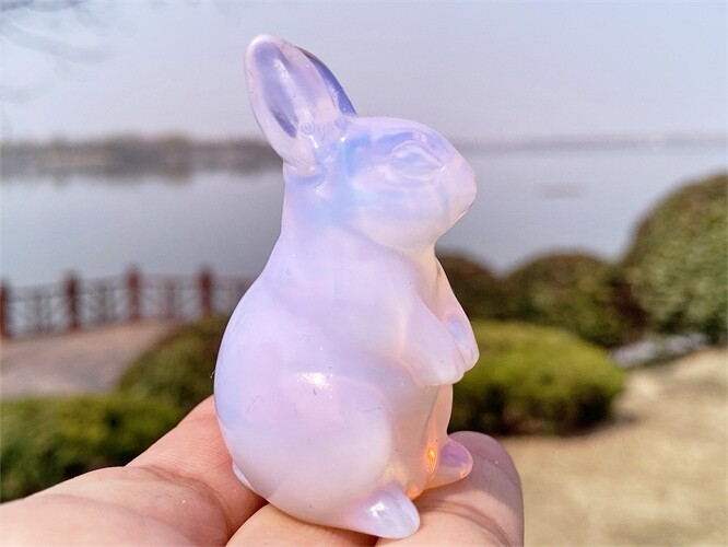 2″ Hand Carved Pink opalite Rabbit Reiki Quartz Crystal Skull Figurines decor 1x