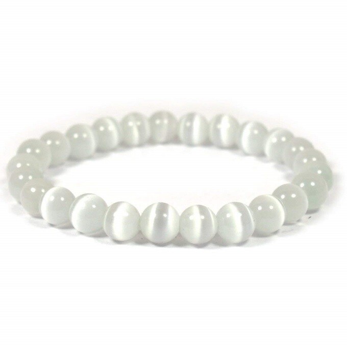 Selenite Smooth Round Sphere Gemstone Beads Elastic Cord Bracelet 8 mm size