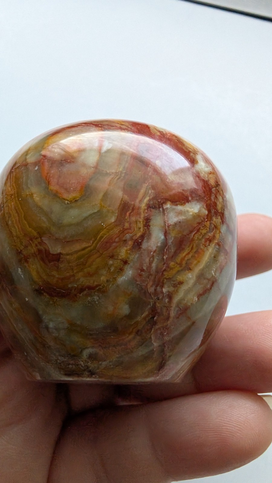 Vintage Carved Banded Onyx Marble Apple Brass Stem Paperweight MCM Teacher