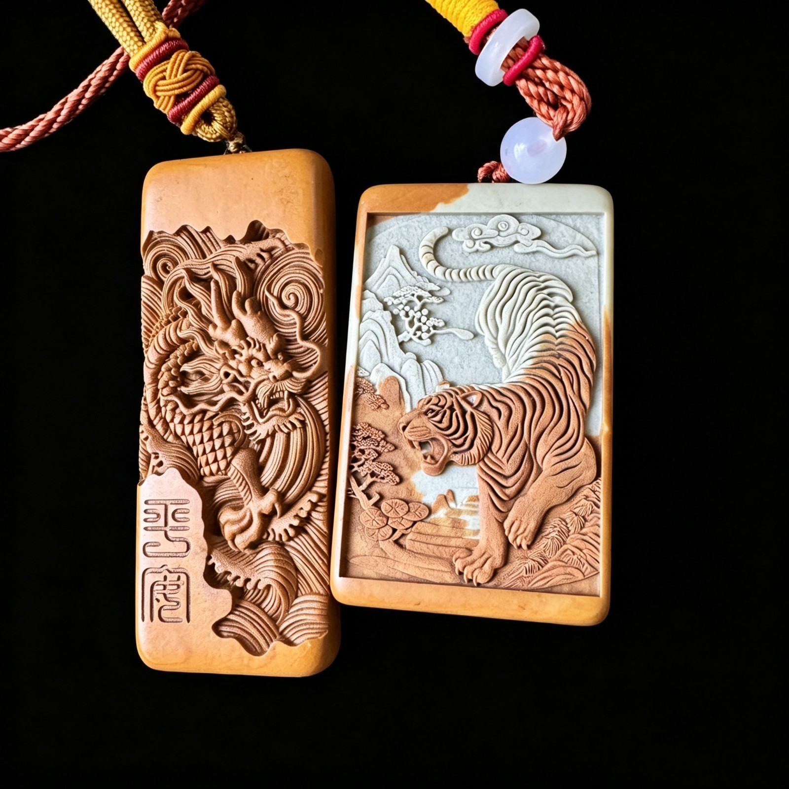 Natural Songhua Stone Double Sided Dragon Tiger Pendant Fine Carved Worry Stone