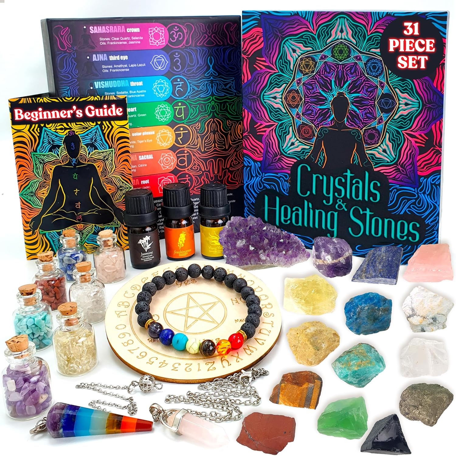 Crystals and Healing Stones Set 31Pcs – Healing Crystals & Stones – 14 Real Raw