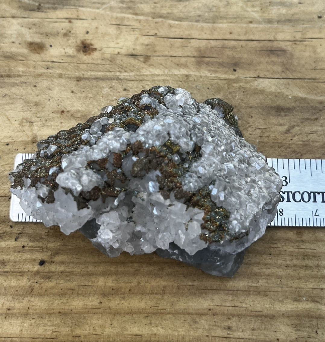 Mixed Calcite & Chalcopyrite on Green Fluorite Druzy Mineral Specimen 3.5 oz