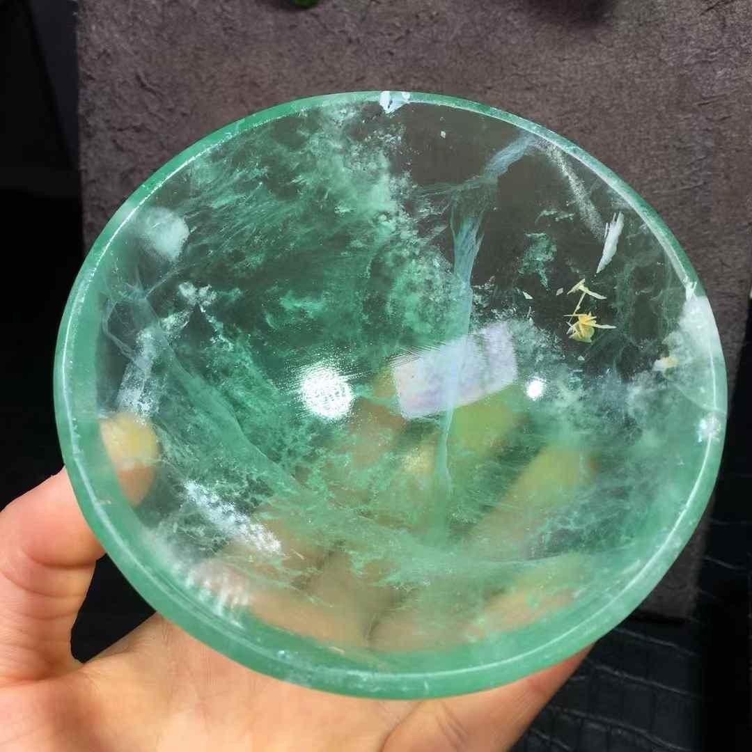 1PC Natural green fluorite crystal quartz Carved bowl Reiki Healing Gift