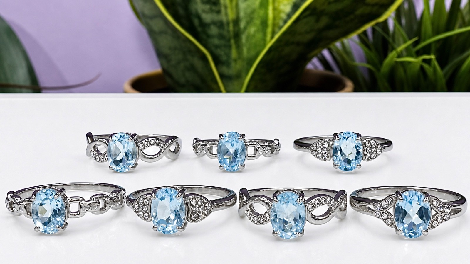 Wholesale 7 Pcs Natural Blue Topaz Stainless Steel(316) Rings Crystal 7x9mm