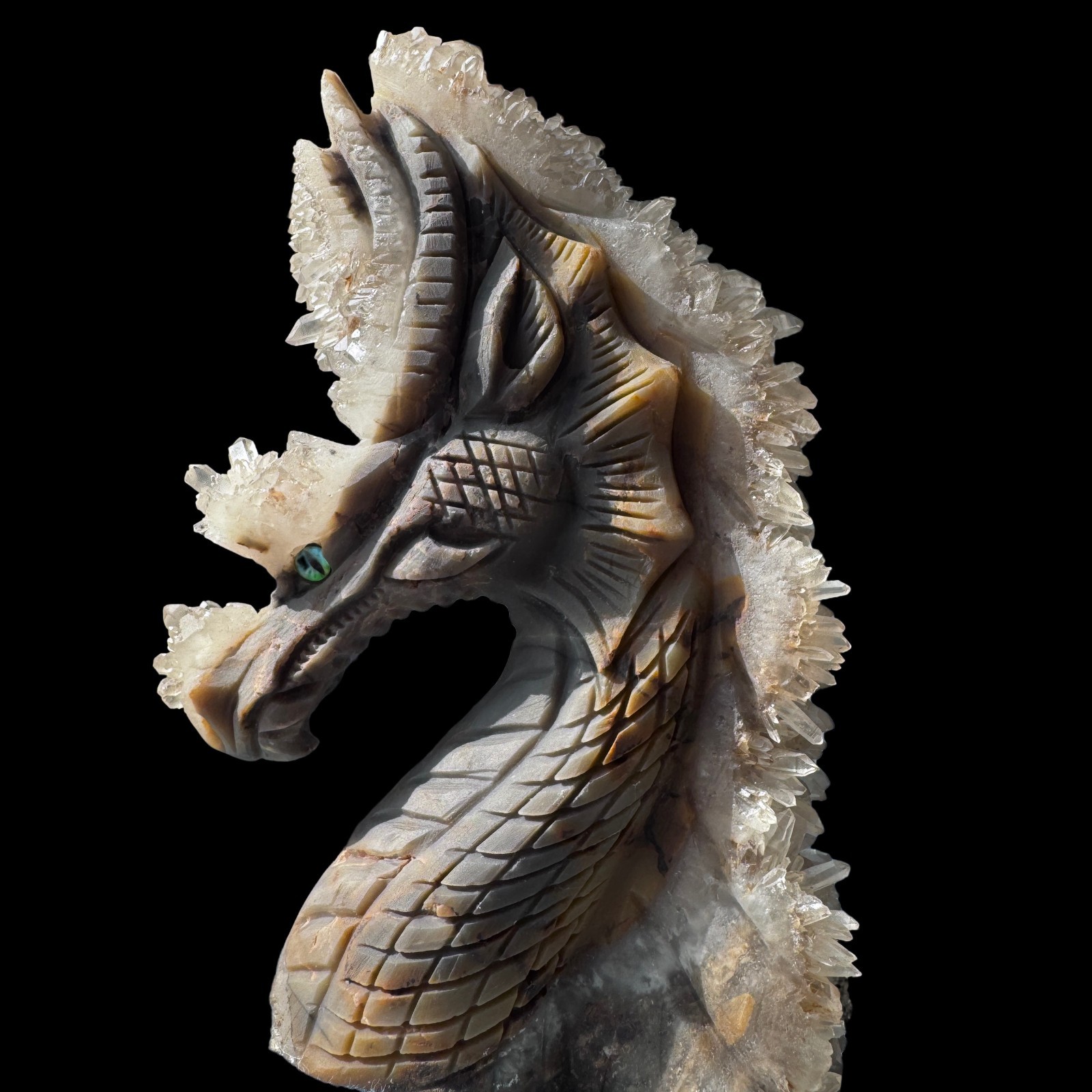Hand Carved Crystal Cluster Dragon Head Sculpture – Prismatic Sovereign of Light