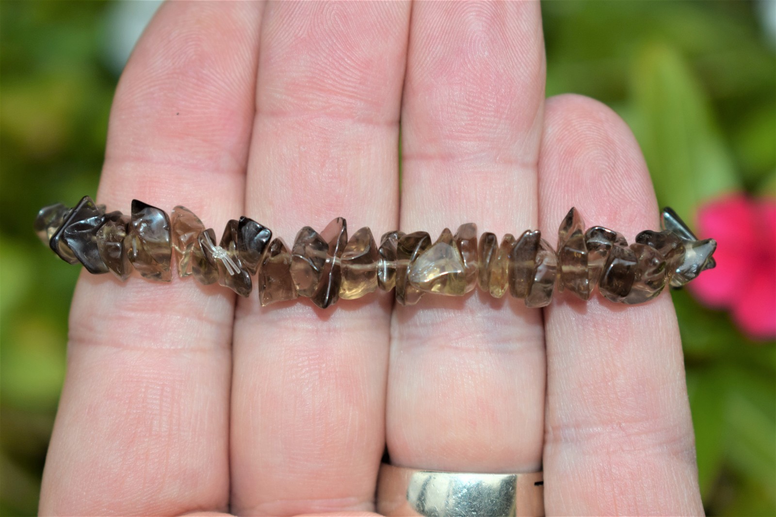 CHARGED Smokey Quartz Crystal Chip Stretchy Bracelet + Baby Selenite Puffy Heart