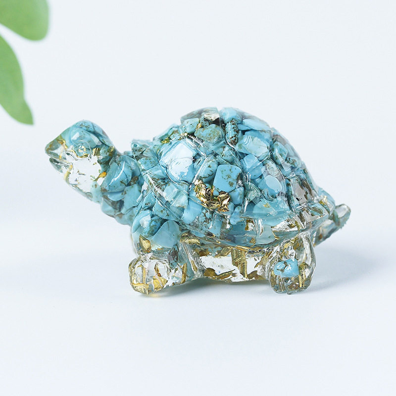 Natural Turquoise Quartz Crystal Longevity Turtle Carved Mini Gravel Resin Decor