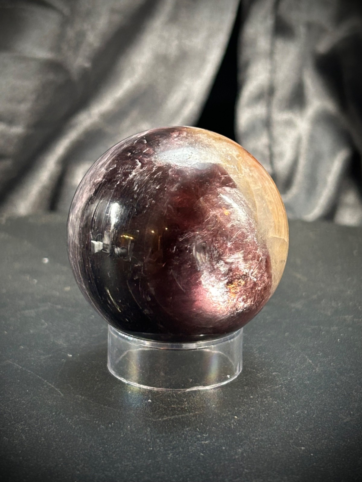 2″ Gem Lipidolite and Hematoid Quartz Sphere with Acrylic Stand 6.5 oz